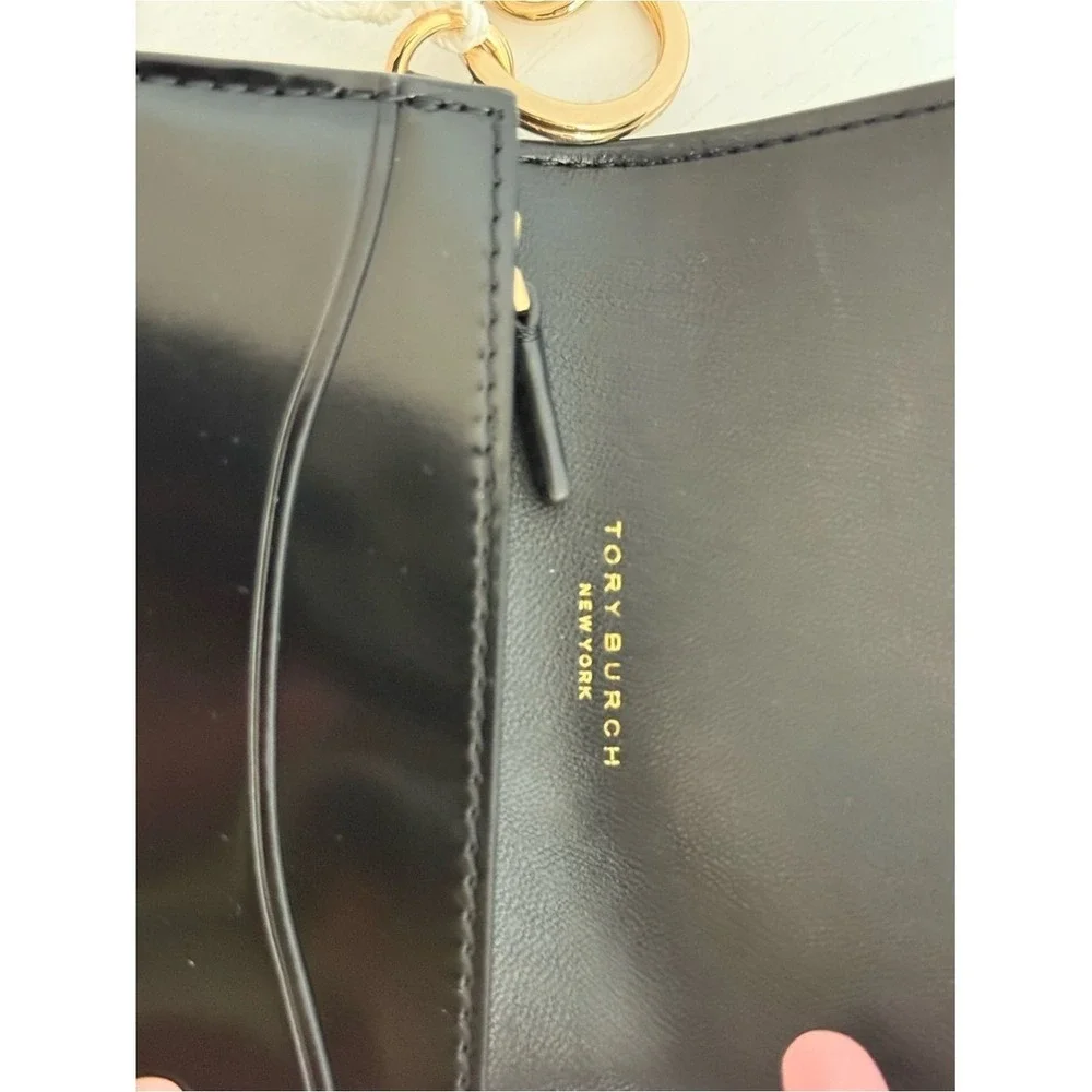 Tory Burch Emerson Smooth Flap Card Case Wallet 176972 Sleek Black Zip Key Hook